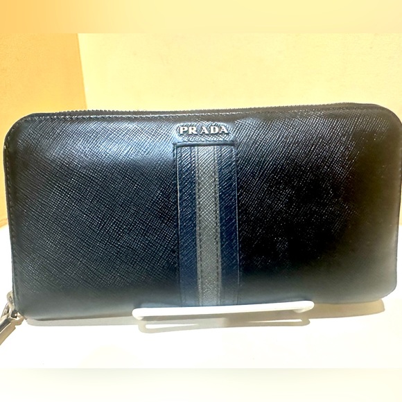 PRADA Black Saffiano Leather
Striped Zip Around Wallet - Picture 1 of 13